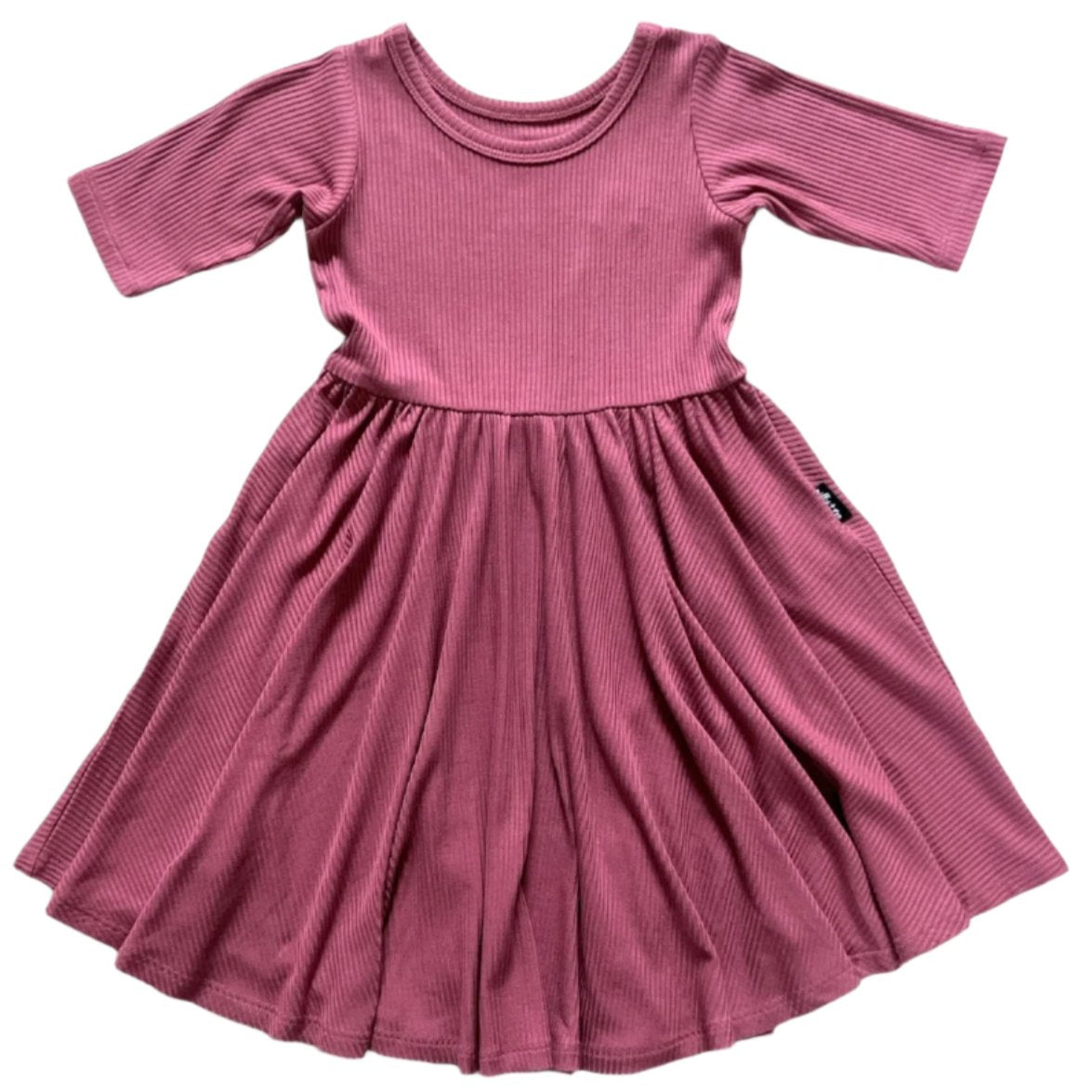 MID SLEEVE TWIRL DRESS- Mauve Ribbed