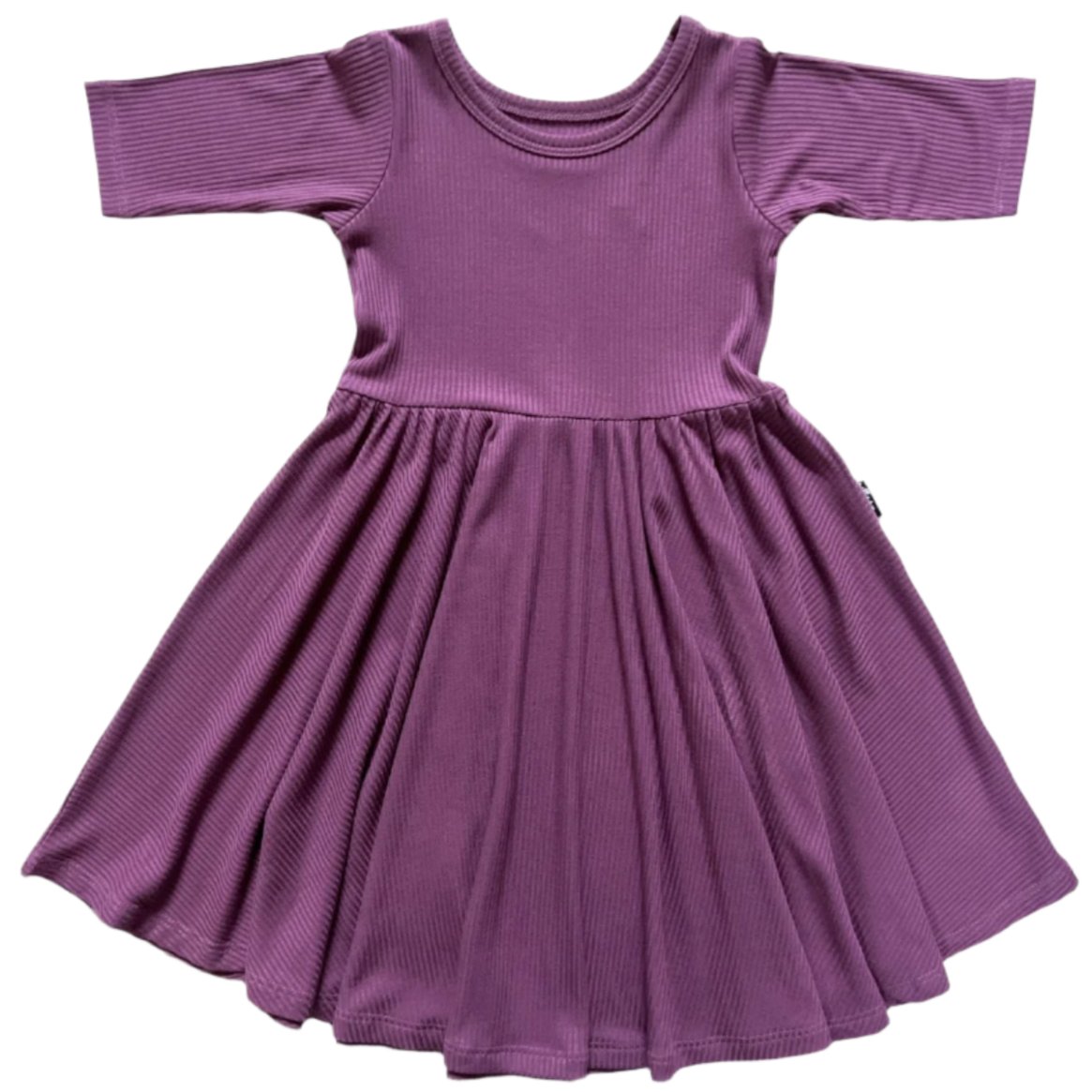 MID SLEEVE TWIRL DRESS- Plum Ribbed