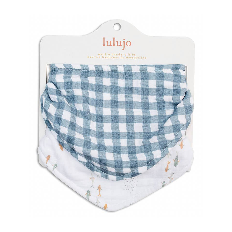 Bandana Bibs 2-pack - Fish / Navy Gingham - HoneyBug 