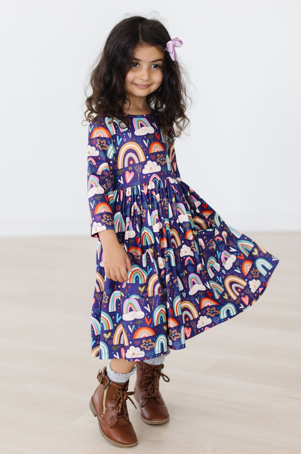 Midnight Rainbow 3/4 Sleeve Pocket Twirl Dress