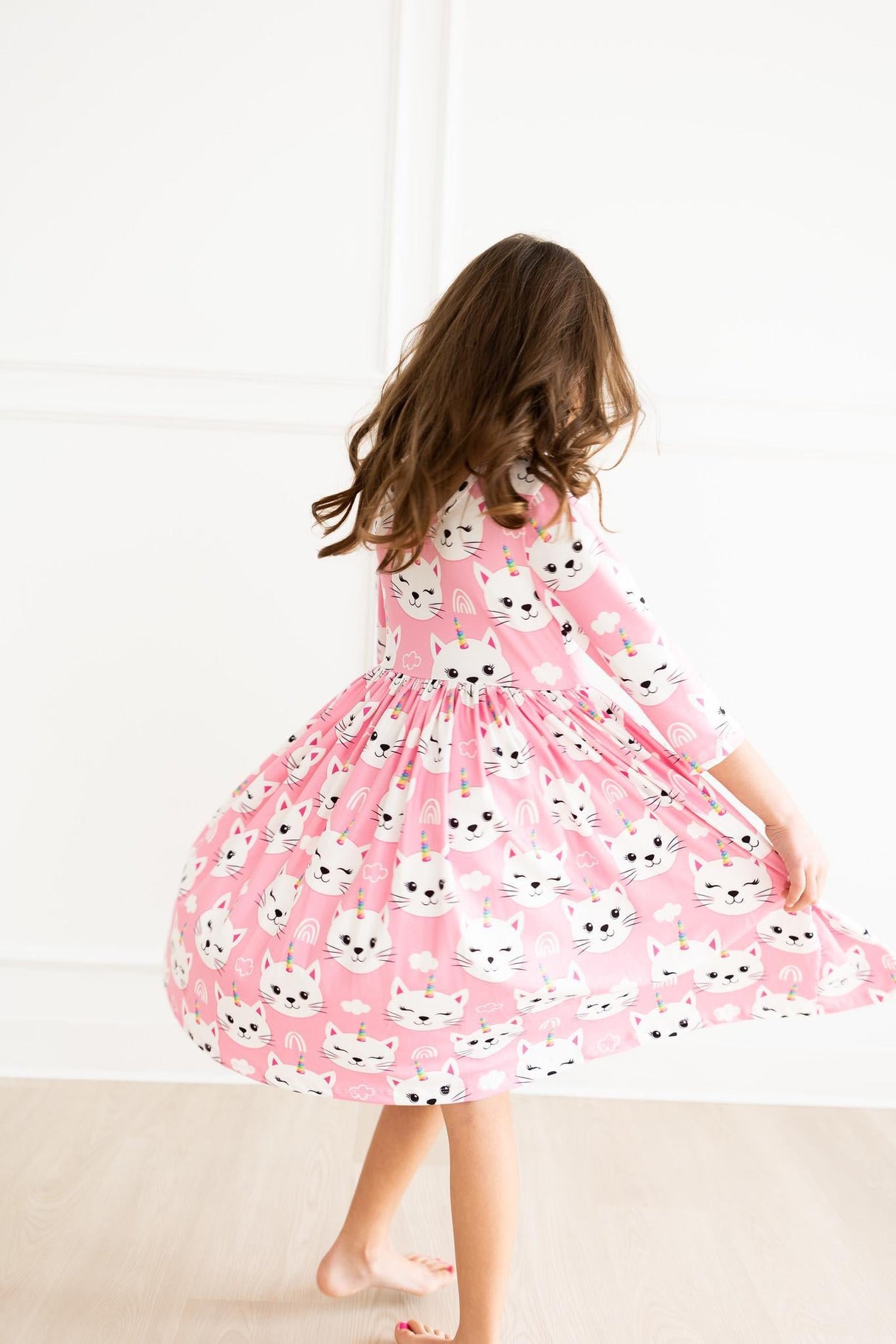 Unicorn Kitties 3/4 Sleeve Pocket Twirl Dress