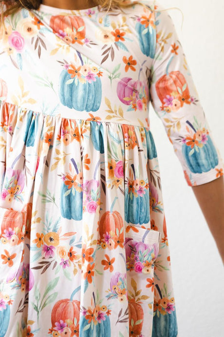 Harvest Blooms 3/4 Sleeve Pocket Twirl Dress