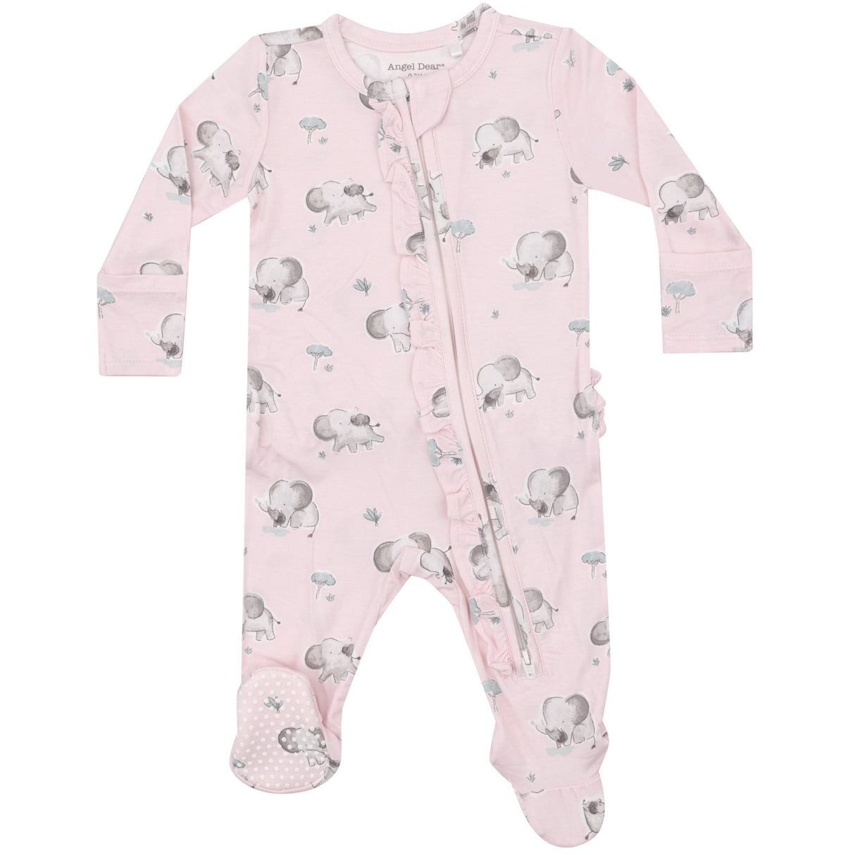 2 Way Ruffle Zipper Footie - Gray Elephants - Pink