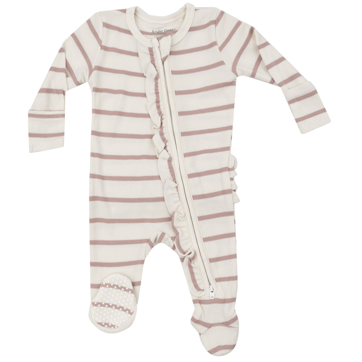 2 Way Ruffle Zipper Footie - Modal Rib French Stripe -Misty Rose