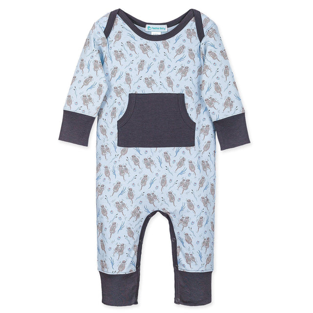 Kangaroo Romper - Otters on Baby Blue  100% Pima Cotton by Feather Baby - HoneyBug 