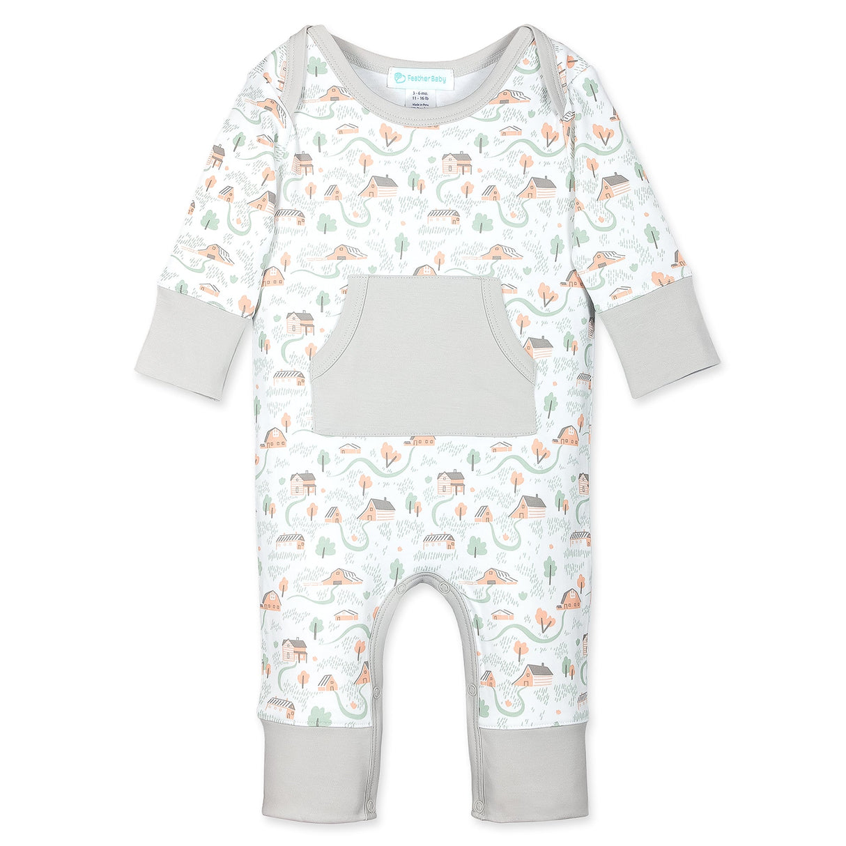 Kangaroo Romper - Barns & Farmhouses on White  100% Pima Cotton by Feather Baby - HoneyBug 