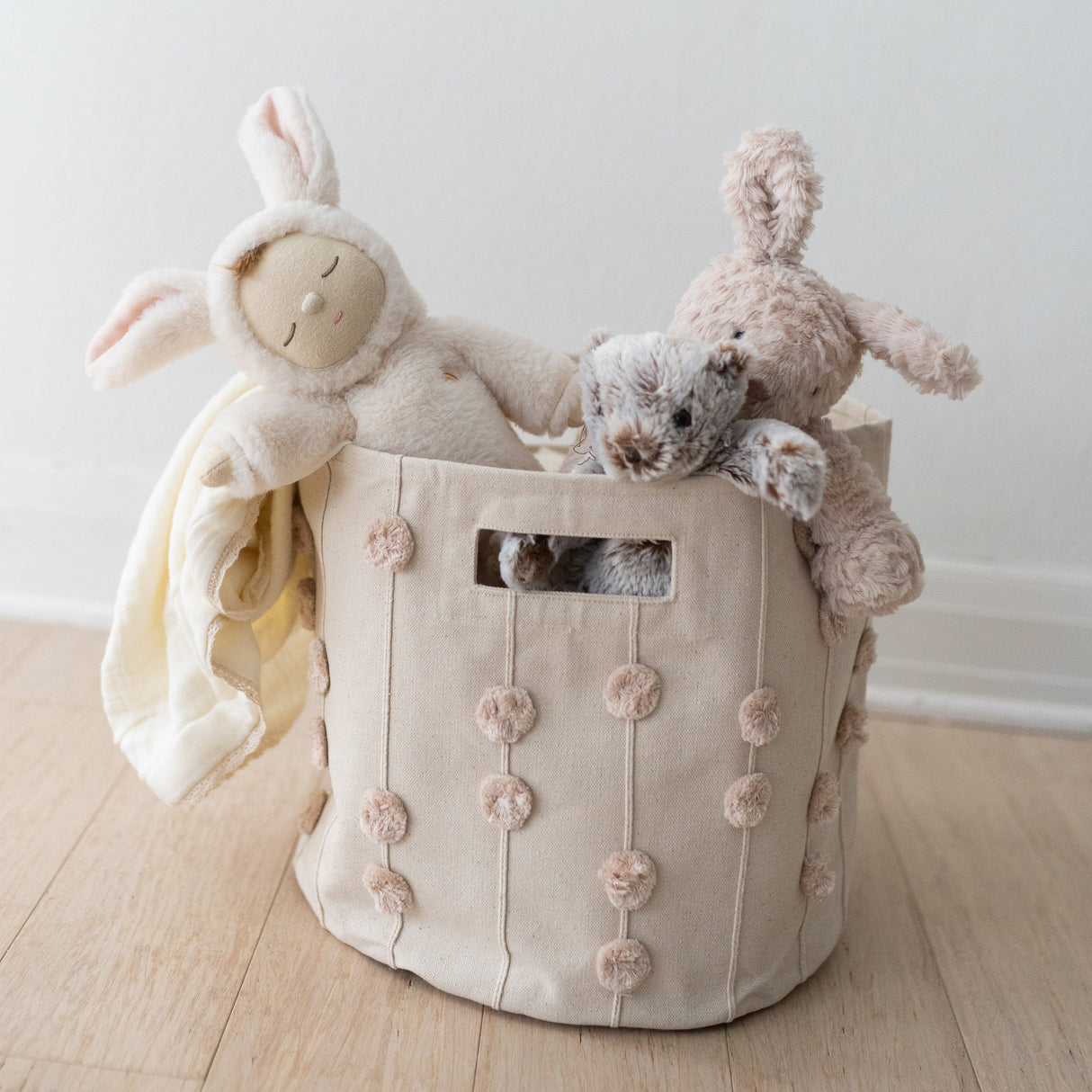 Handmade Canvas Storage Basket Pom Pom - Blush Oat