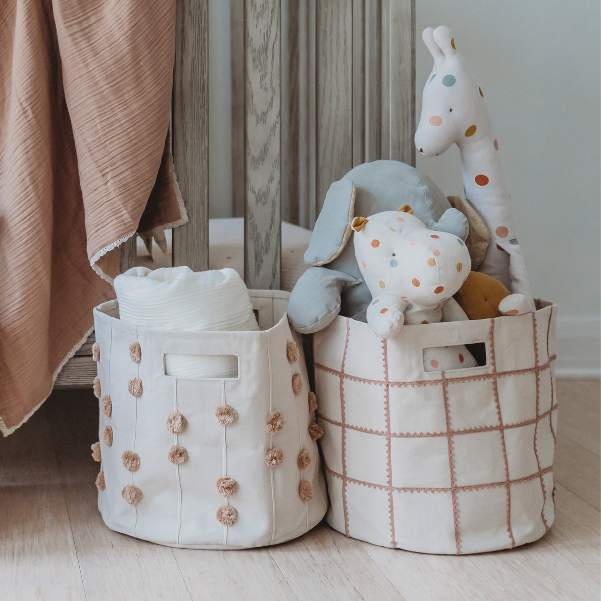 Handmade Canvas Storage Basket Pom Pom - Taupe