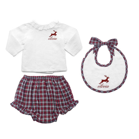 Gift Set Double Button Frill Blouse & Tartan Frill  Bloomer & Newborn Bib With Monogram - HoneyBug 