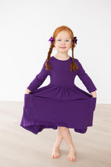 Purple 3/4 Sleeve Pocket Twirl Dress