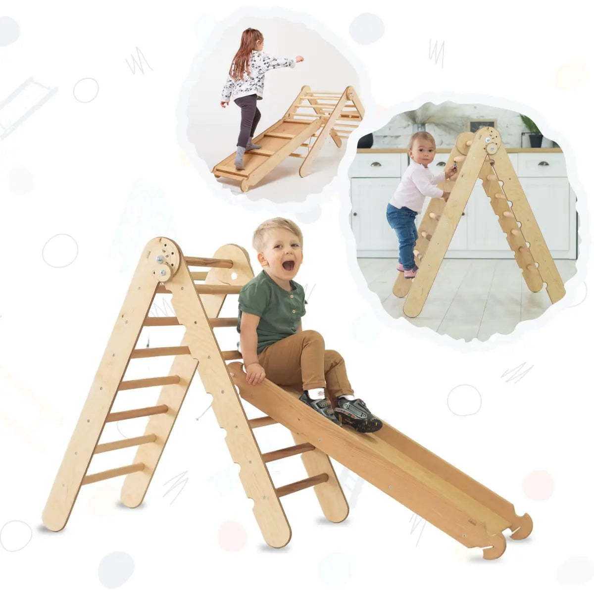 2in1 Montessori Climbing Set: Triangle Ladder + Slide Board/Ramp – Beige