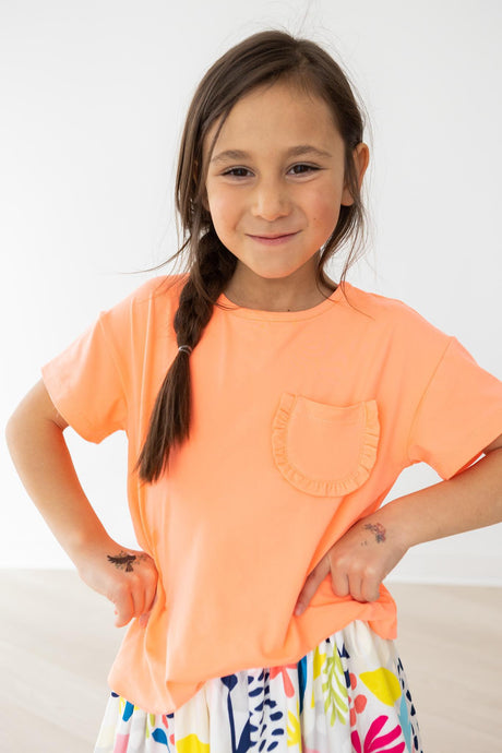 Neon Coral Ruffle Pocket Tee