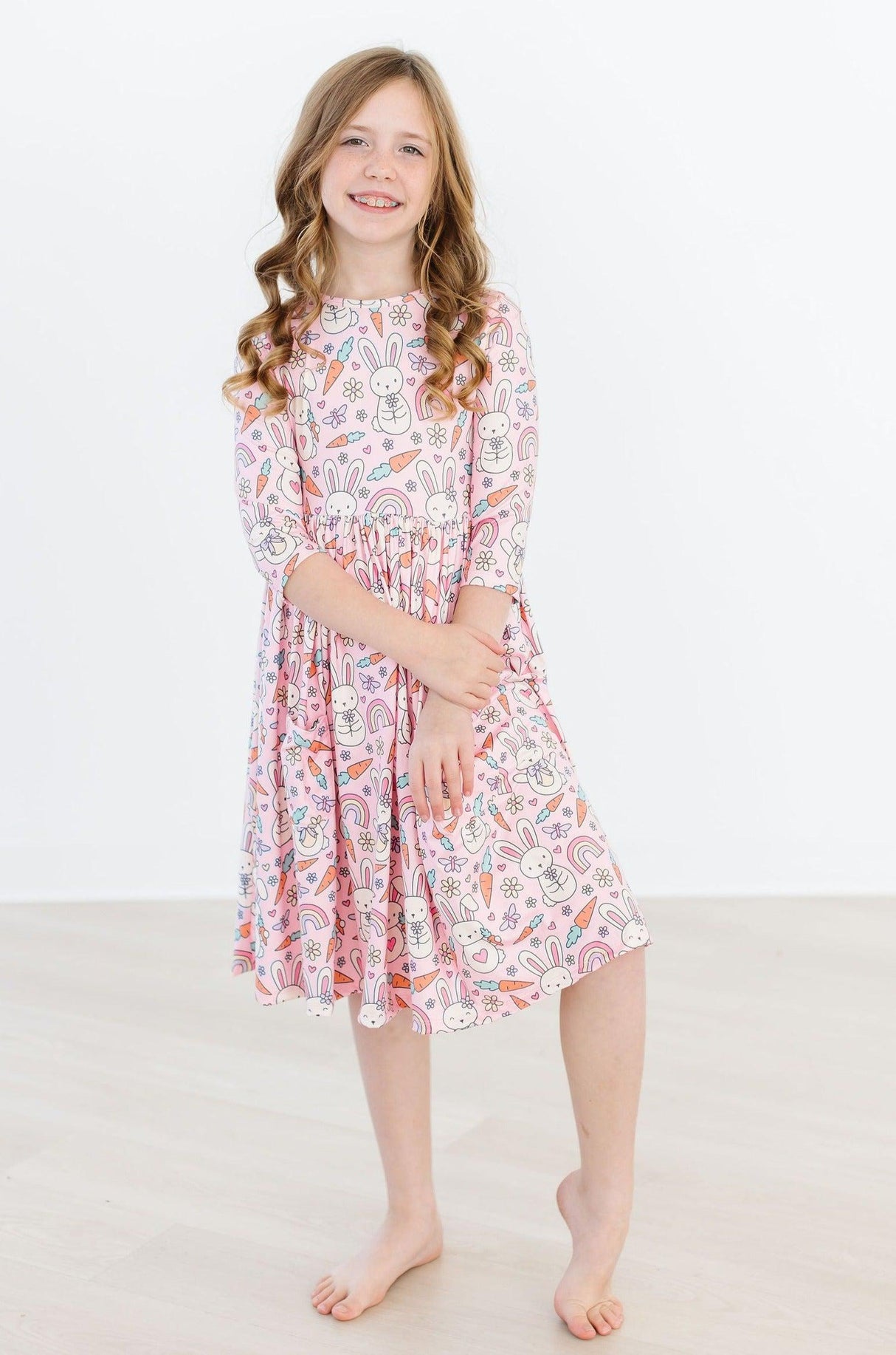 Springtime Bunnies 3/4 Sleeve Pocket Twirl Dress