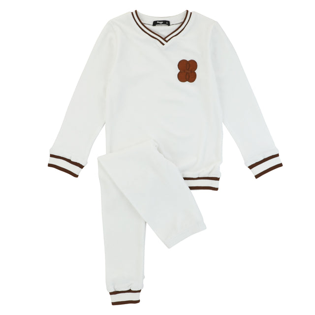 Copper Emblem and Trim Loungewear Set, Ivory Velour - HoneyBug 