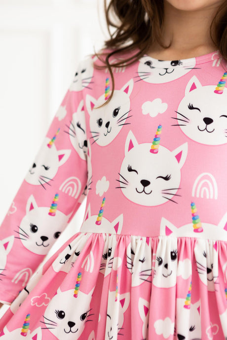 Unicorn Kitties 3/4 Sleeve Pocket Twirl Dress