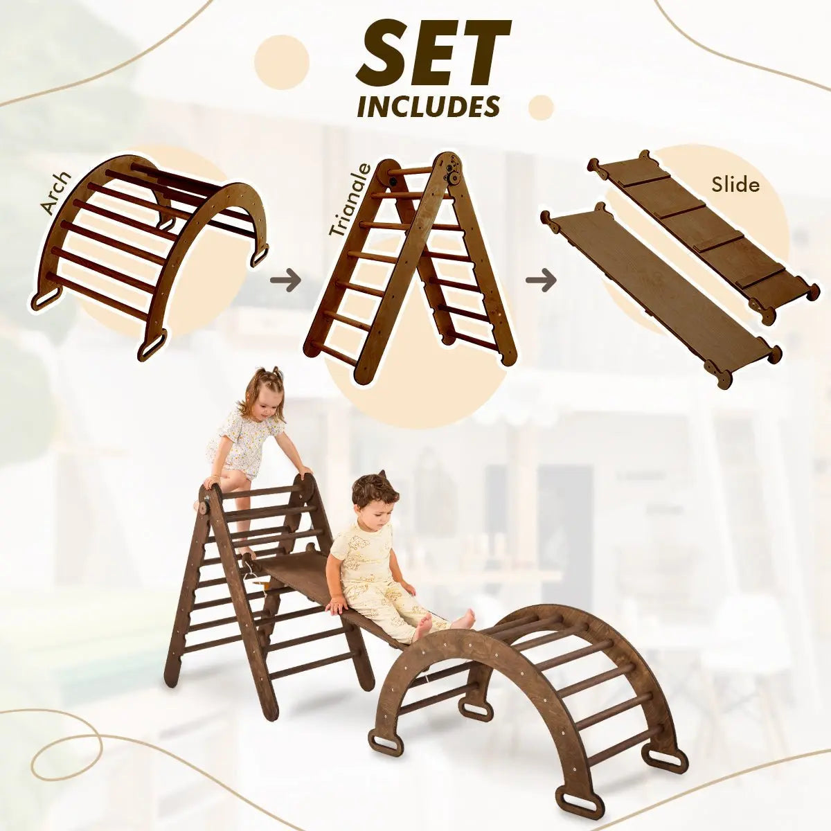 3in1 Montessori Climbing Set: Triangle Ladder + Wooden Arch + Slide Board – Chocolate NEW