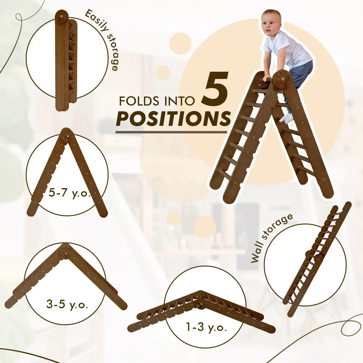 3in1 Montessori Climbing Set: Triangle Ladder + Wooden Arch + Slide Board – Chocolate NEW