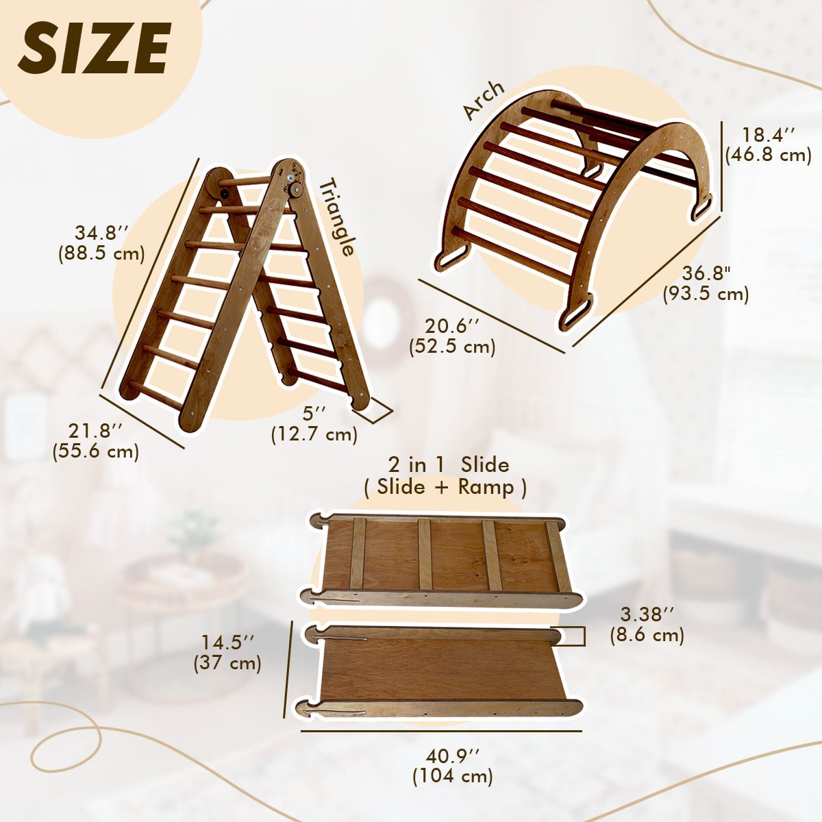 3in1 Montessori Climbing Set: Triangle Ladder + Wooden Arch + Slide Board – Chocolate NEW