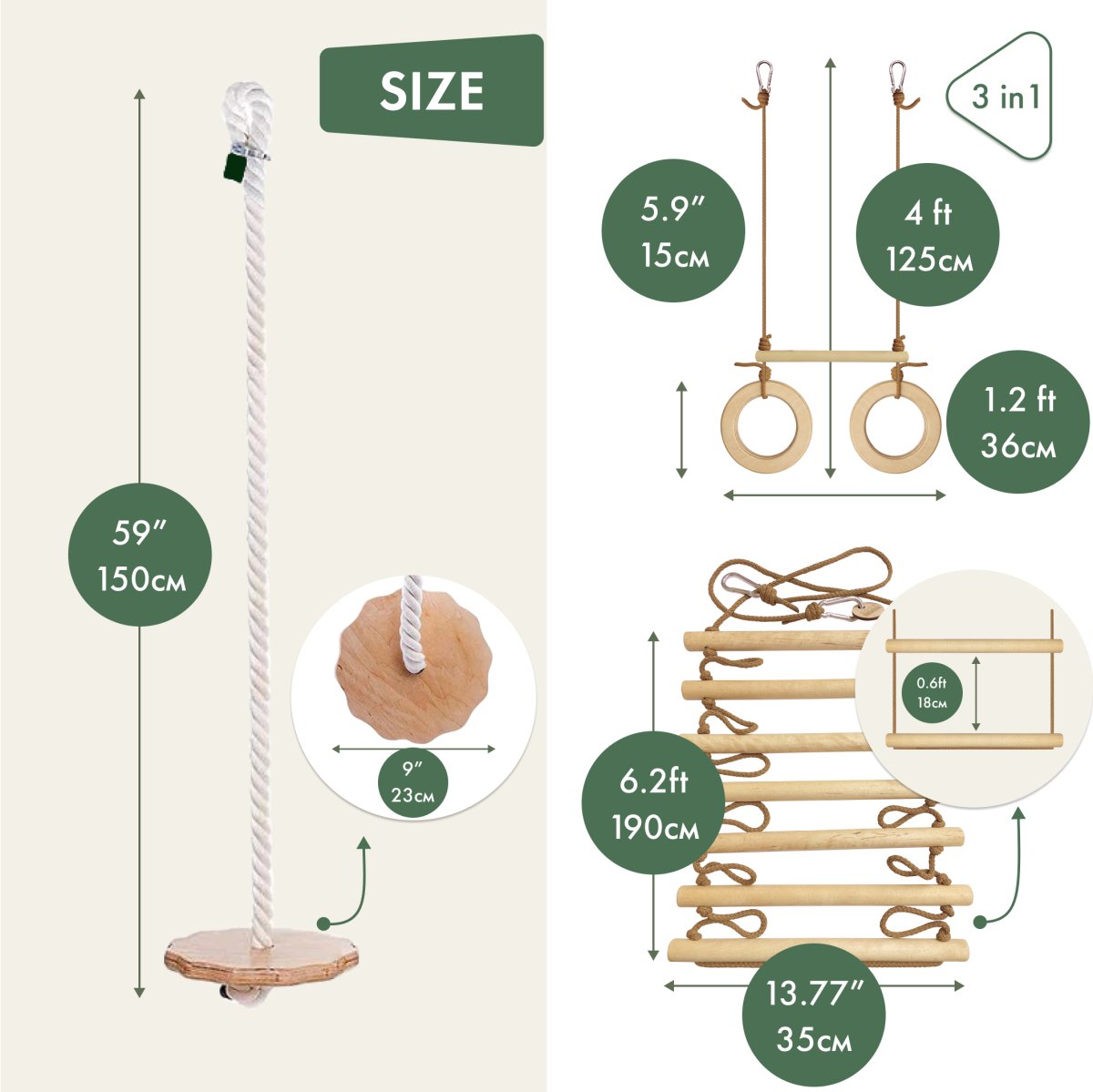 3in1 Swings Set: Rope Ladder + Gymnastic Rings + Disc Rope Swing