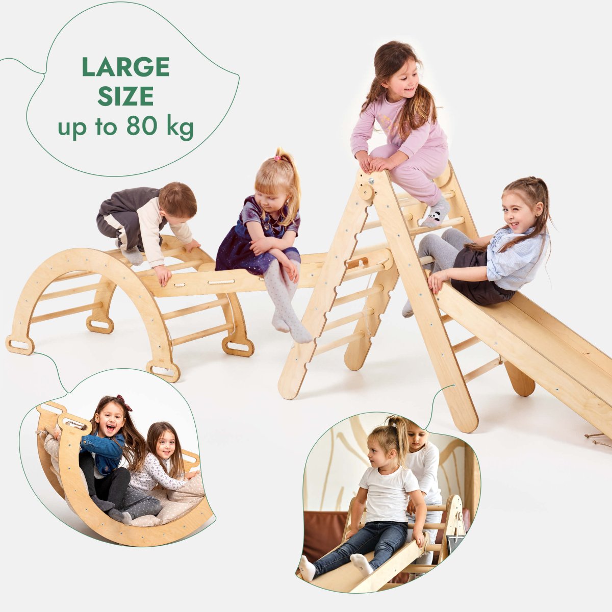 4in1 Montessori Climbing Frame Set: Triangle Ladder + Arch/Rocker + Slide Board/Ramp + Netting rope