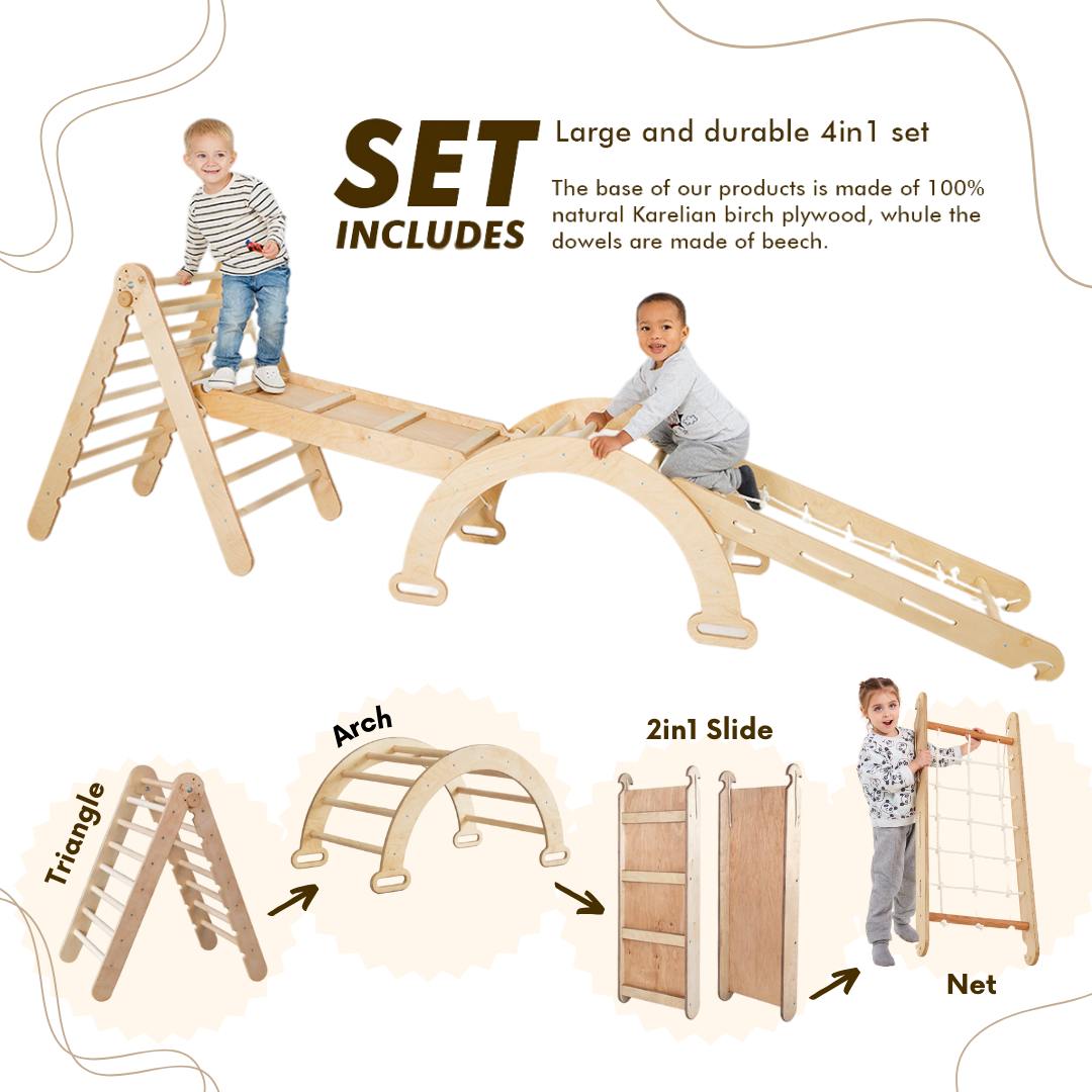 4in1 Montessori Climbing Frame Set: Triangle Ladder + Arch/Rocker + Slide Board/Ramp + Netting rope