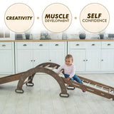 The 4in1 Montessori Climbing Set consists of: Triangle Ladder + Arch/Rocker + Slide Board/Ramp + Net – Chocolate