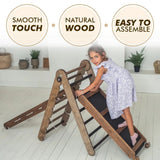 The 4in1 Montessori Climbing Set consists of: Triangle Ladder + Arch/Rocker + Slide Board/Ramp + Net – Chocolate