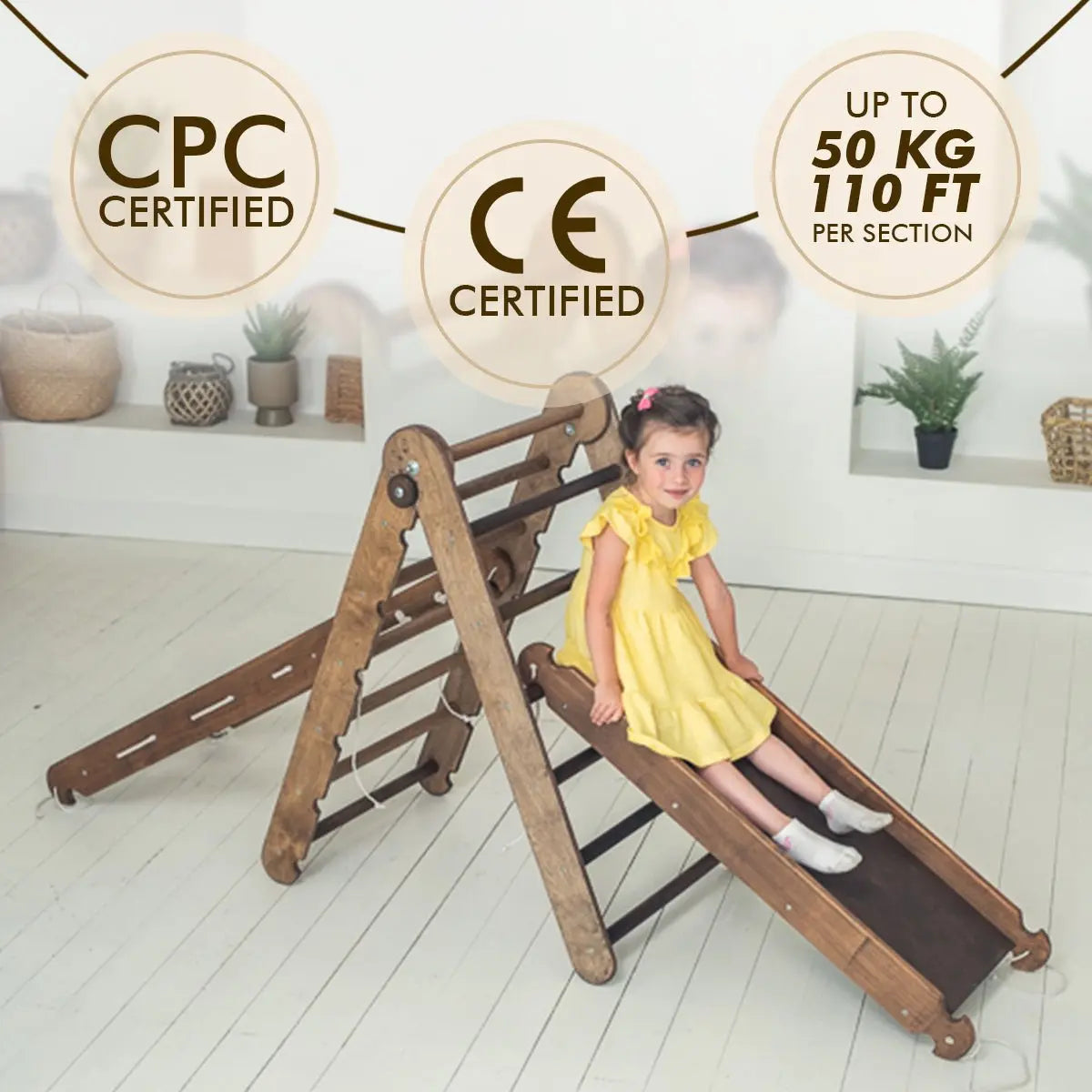 The 4in1 Montessori Climbing Set consists of: Triangle Ladder + Arch/Rocker + Slide Board/Ramp + Net – Chocolate