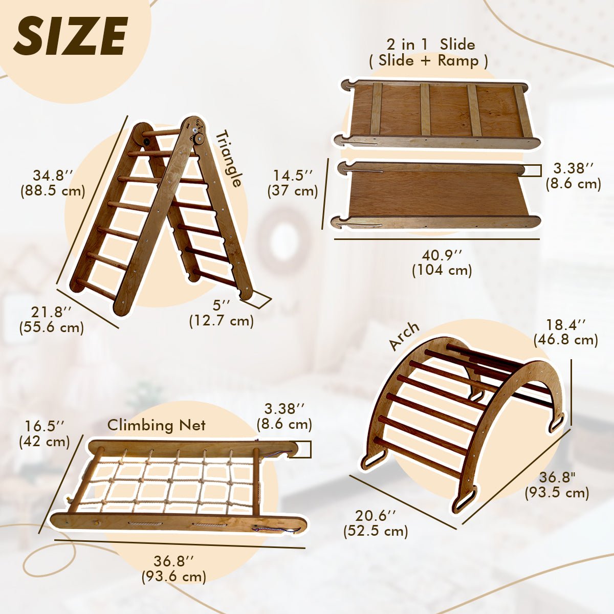 The 4in1 Montessori Climbing Set consists of: Triangle Ladder + Arch/Rocker + Slide Board/Ramp + Net – Chocolate