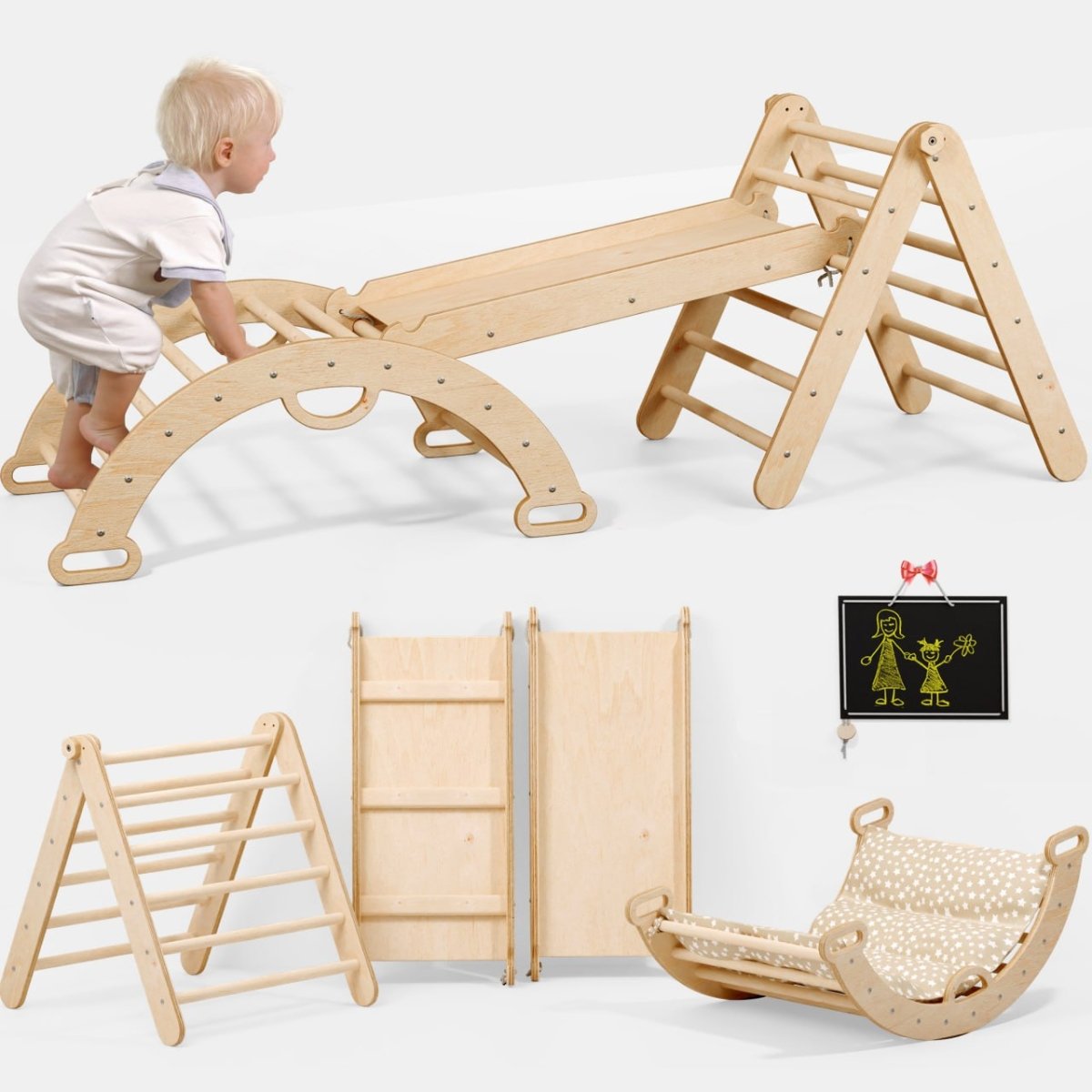 4in1 Toddler Climbing Set: Pikler Triangle + Climbing Arch + Slide Board + Cushion – Beige