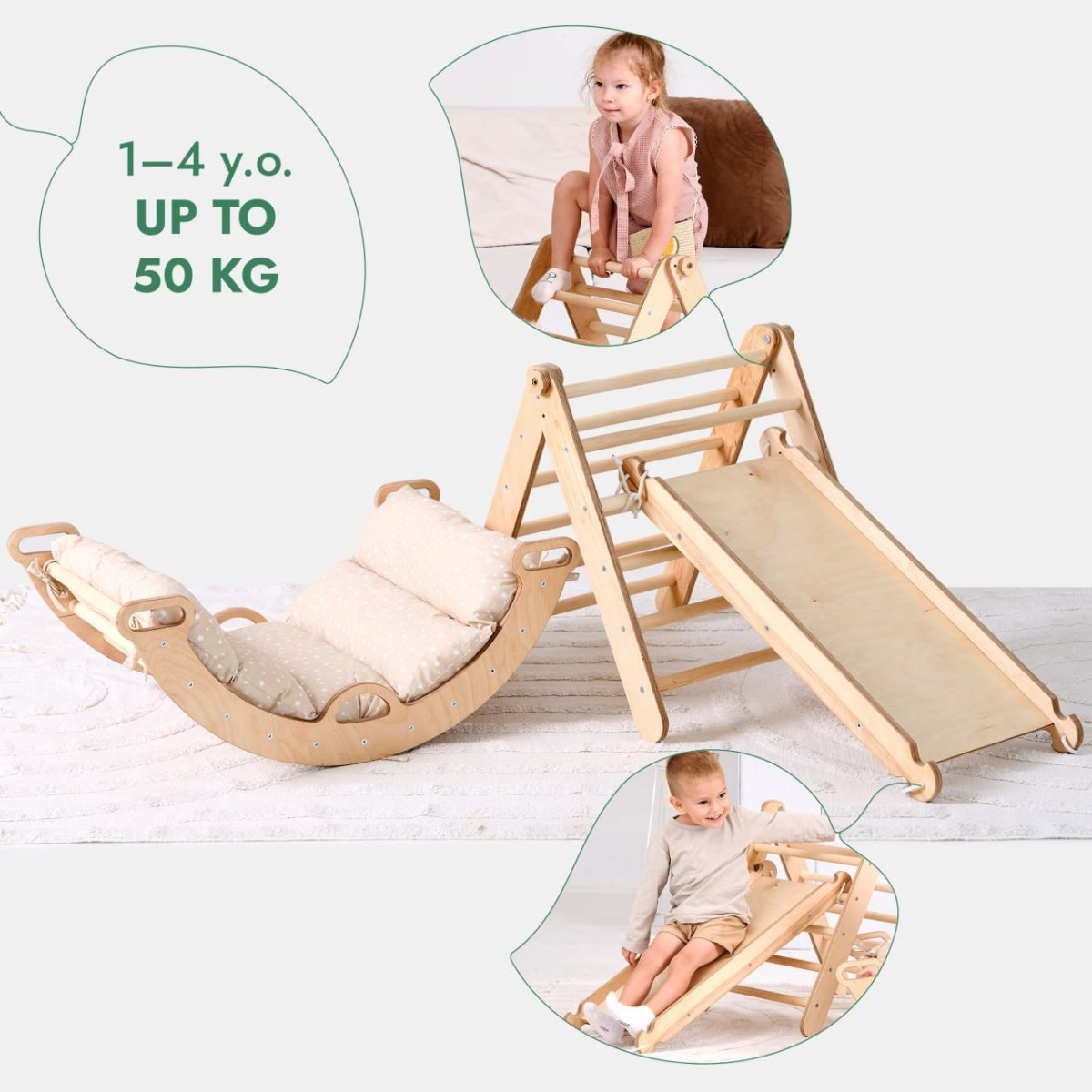 4in1 Toddler Climbing Set: Pikler Triangle + Climbing Arch + Slide Board + Cushion – Beige