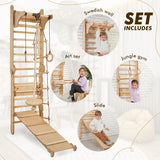 Wooden Swedish Wall / Climbing ladder for Children + Swing Set + Slide Board + Art Add-on