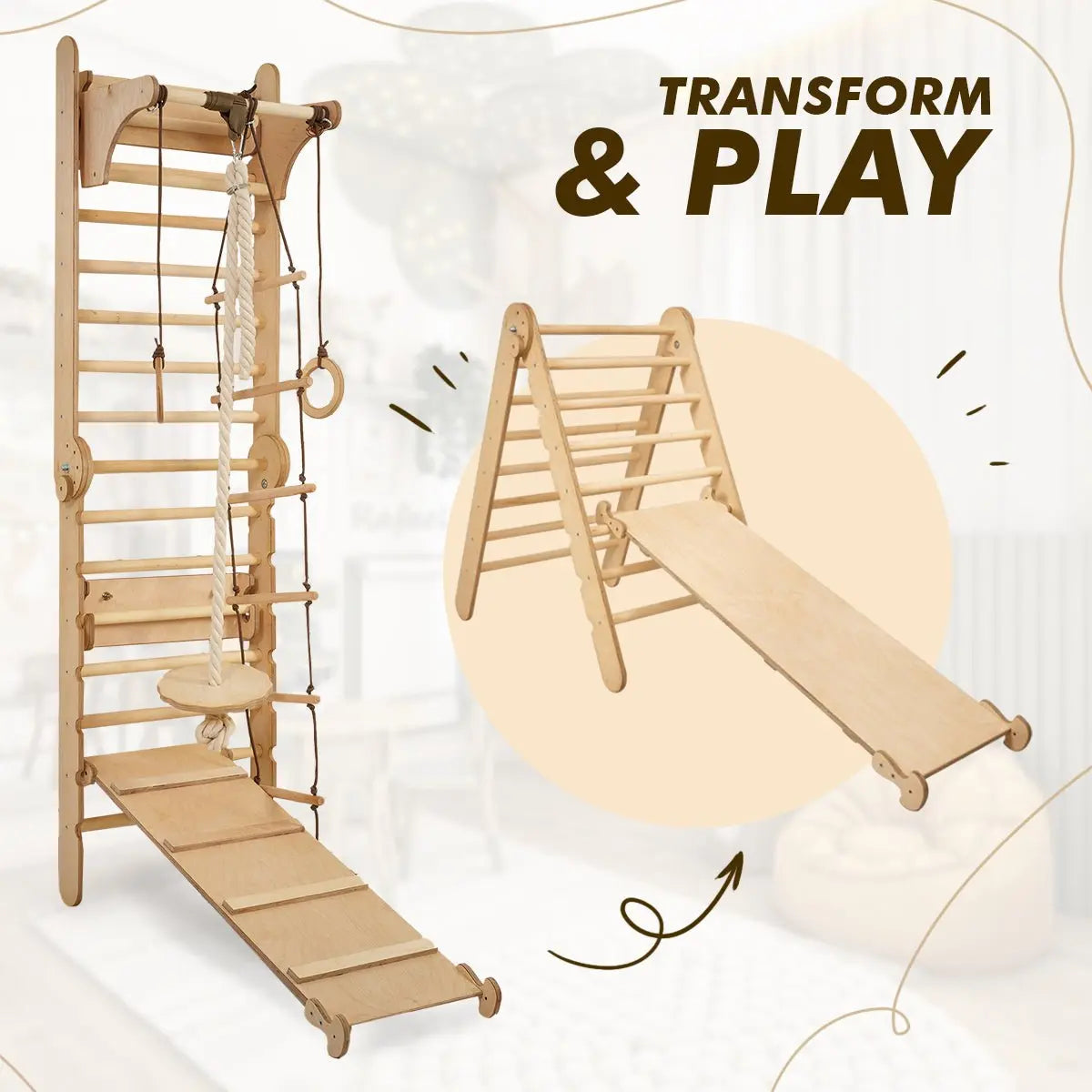 Wooden Swedish Wall / Climbing ladder for Children + Swing Set + Slide Board + Art Add-on