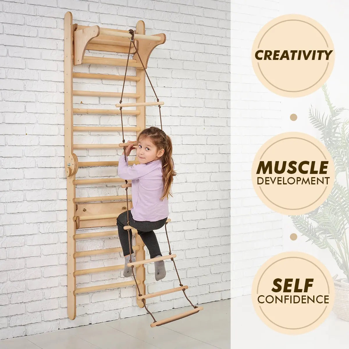 Wooden Swedish Wall / Climbing ladder for Children + Swing Set + Slide Board + Art Add-on