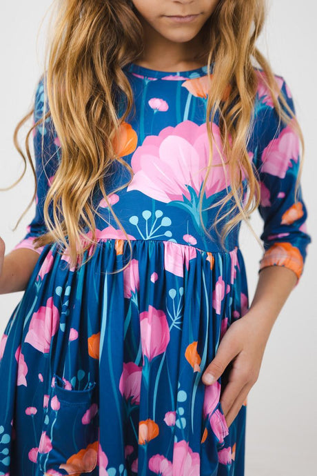 Poppies 3/4 Sleeve Pocket Twirl Dress