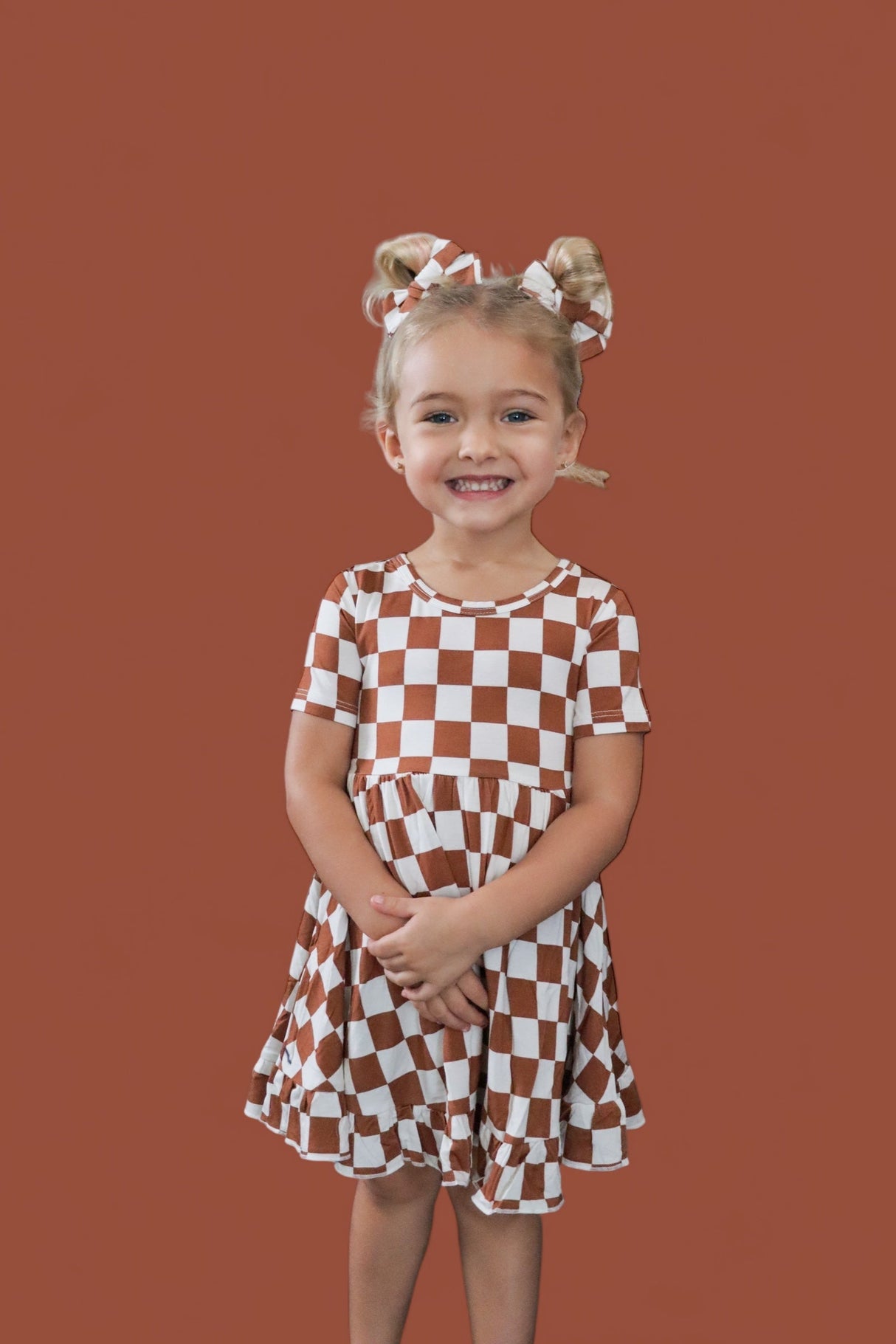 COPPER CHECKERS DREAM RUFFLE DRESS