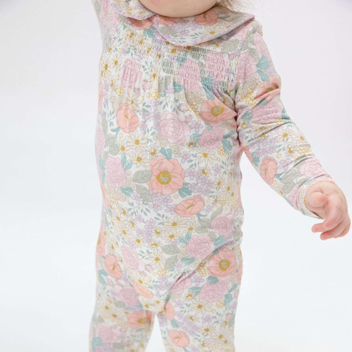 Smocked Peter Pan Footie - Peonies & Roses