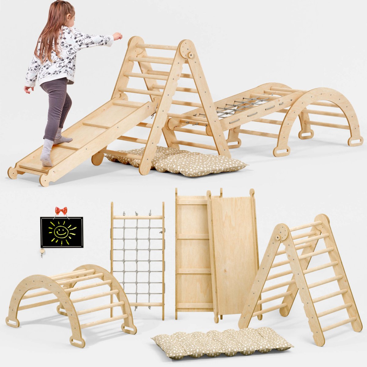 5in1 Montessori Climbing Frame Set: Triangle Ladder + Arch/Rocker + Slide Board/Ramp + Netting rope + Cushion