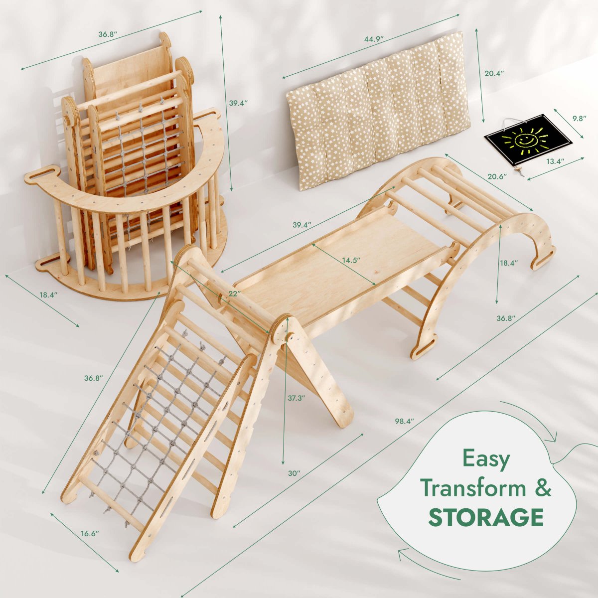 5in1 Montessori Climbing Frame Set: Triangle Ladder + Arch/Rocker + Slide Board/Ramp + Netting rope + Cushion