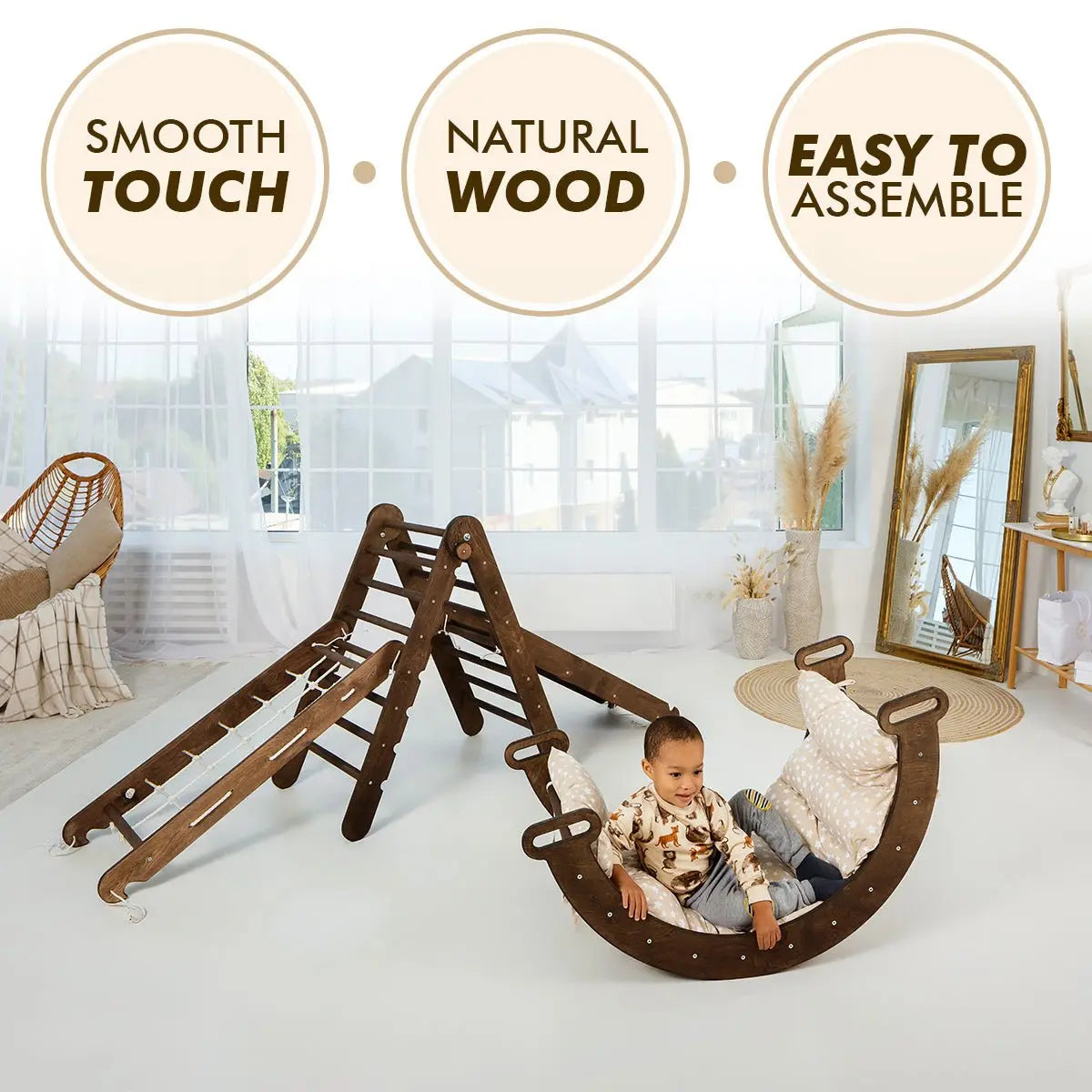 5in1 Montessori Climbing Set: Triangle Ladder + Arch/Rocker + Slide Board/Ramp + Net + Cushion – Chocolate