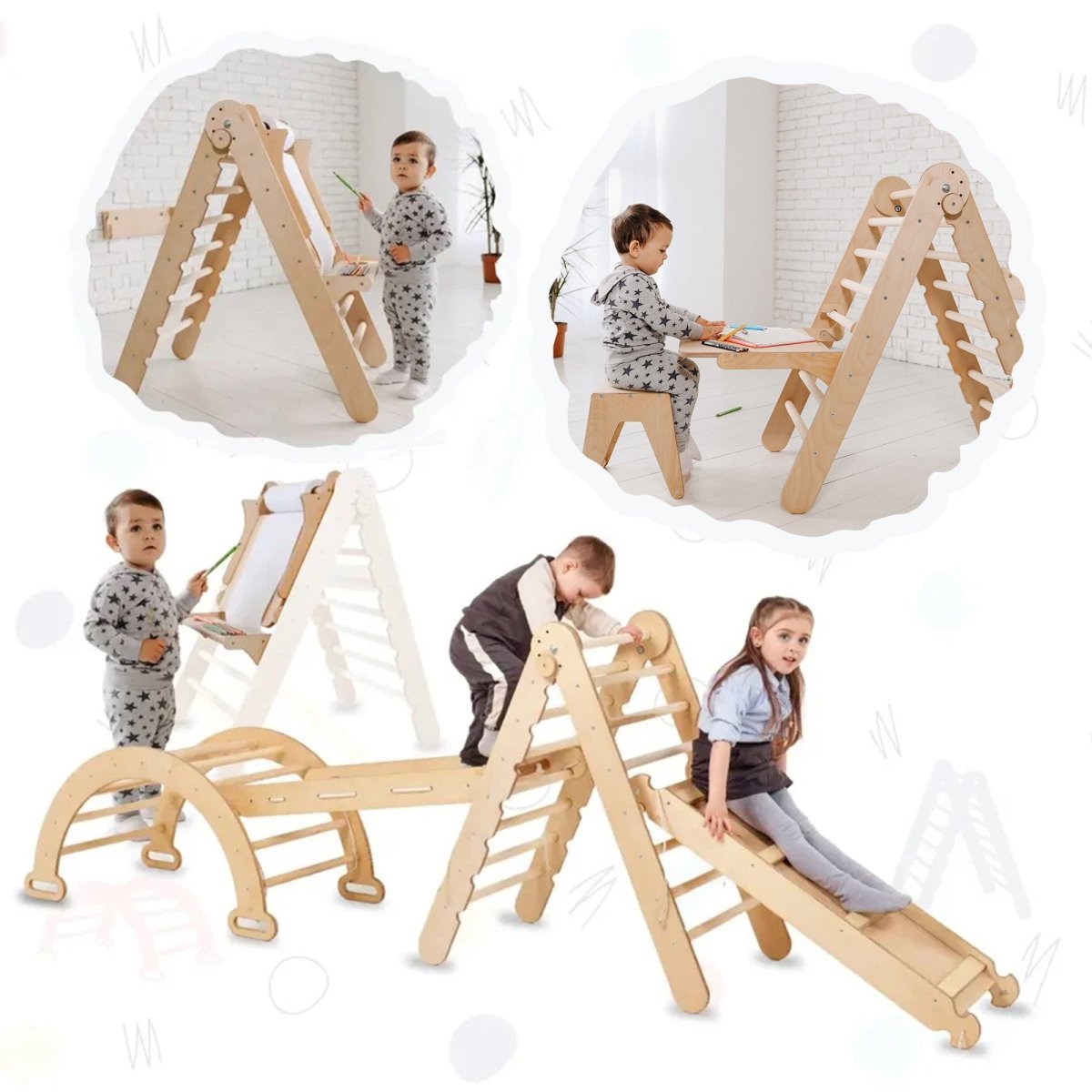 5in1 Montessori Climbing Set: Triangle Ladder + Climbing Arch + Slide Board + Climbing Net + Art Addition