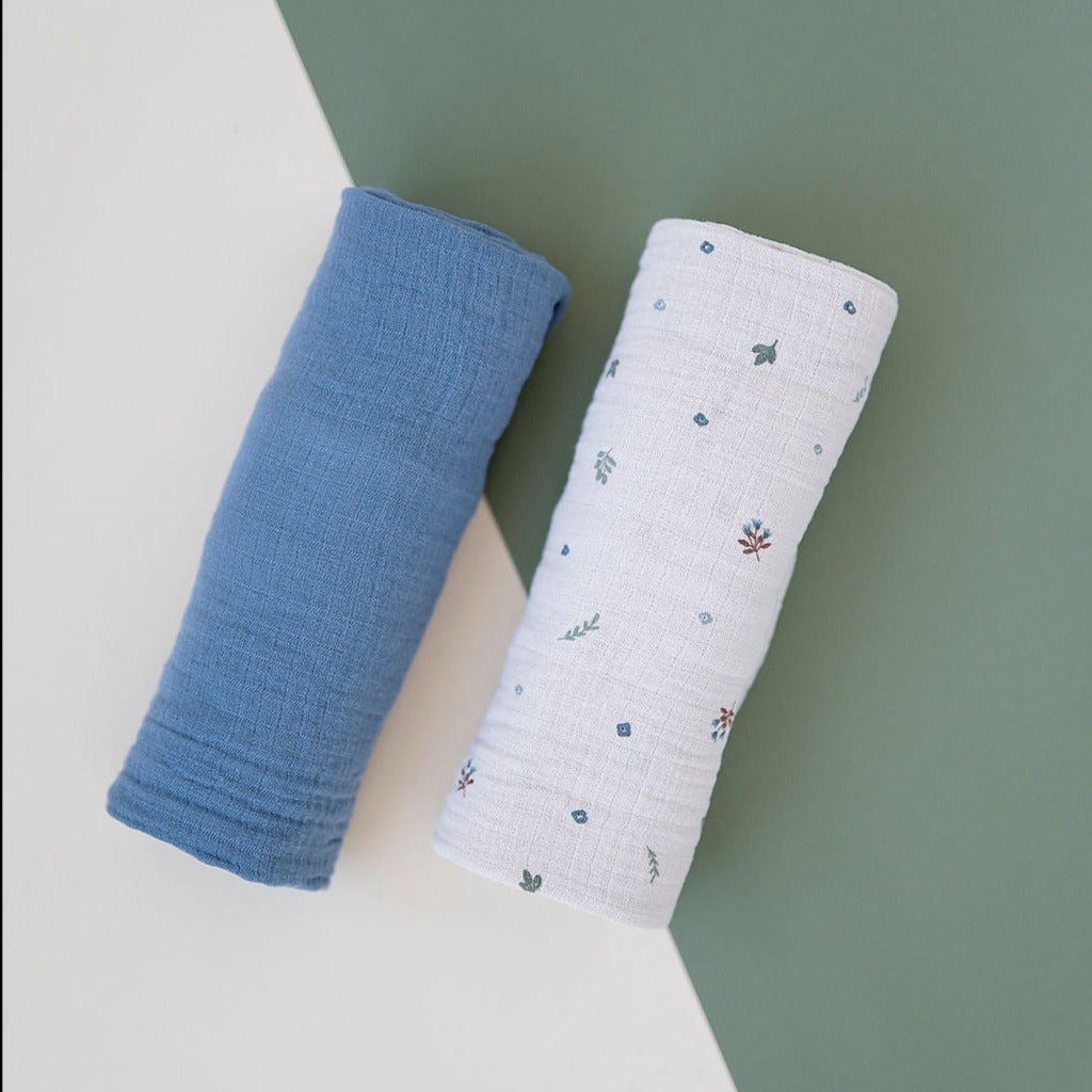 2 Pack Cotton Muslin Swaddle Blanket - Garden Flower - Blue