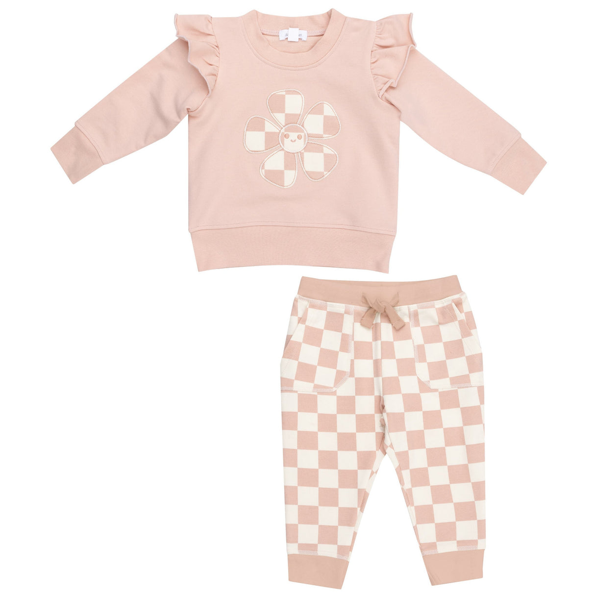 Ruffle Sweatshirt + Paperbag Jogger - Checkerboard Pink