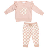 Ruffle Sweatshirt + Paperbag Jogger - Checkerboard Pink