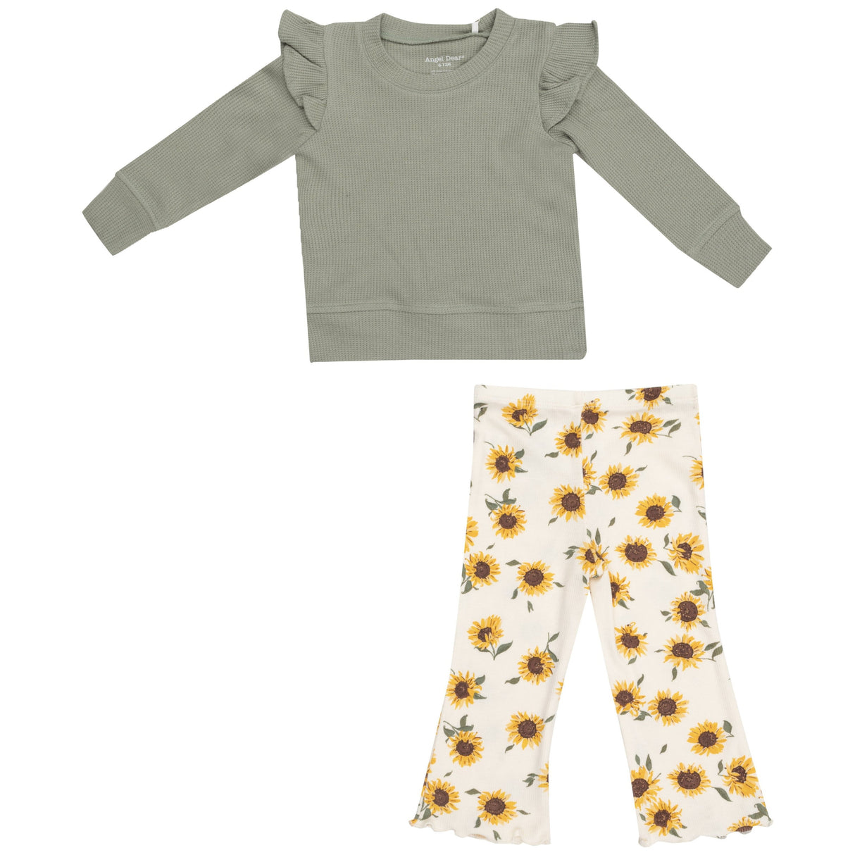 Ruffle Shoulder Waffle Shirt With Flare Pant - Baby Sunflowers