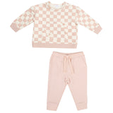 Sweatshirt W/ Shoulder Placket + Kanga Pocket - Checkerboard Pink