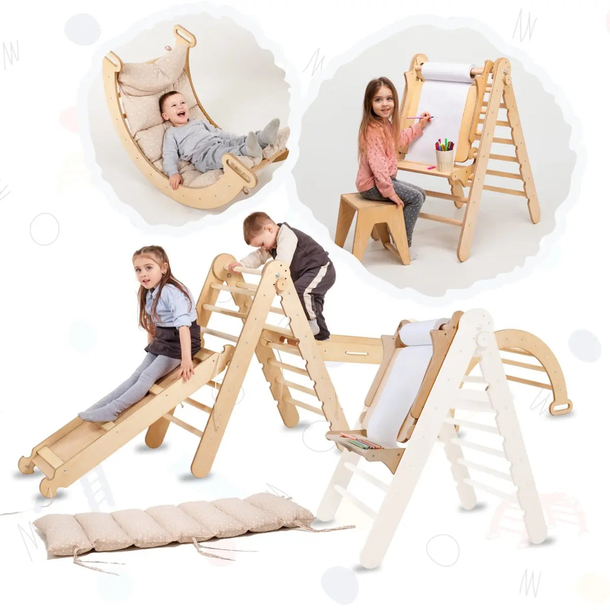 6in1 Montessori Climbing Frame Set: Triangle Ladder + Arch/Rocker + Slide/Ramp + Net + Cushion + Art Addition