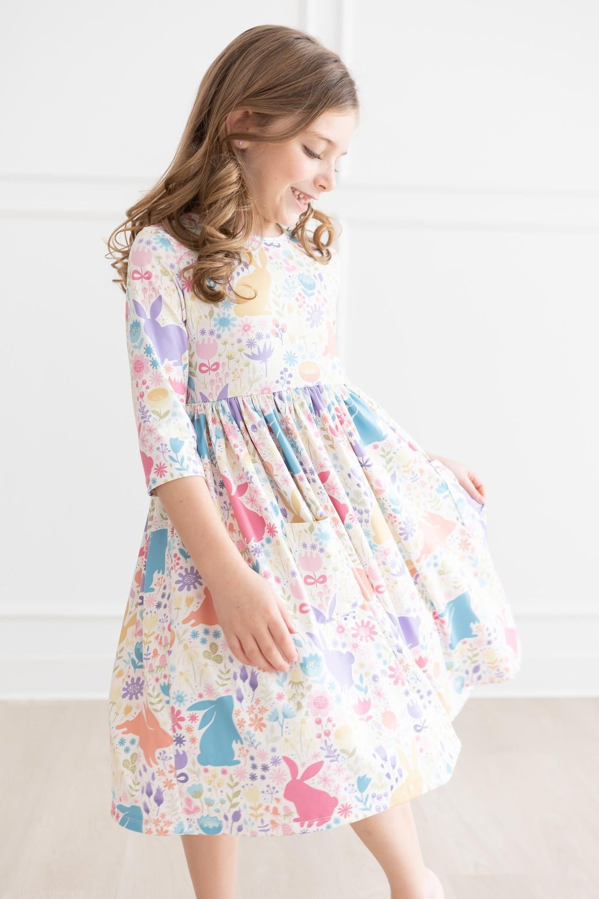 Pastel Floral Bunnies 3/4 Sleeve Pocket Twirl Dress