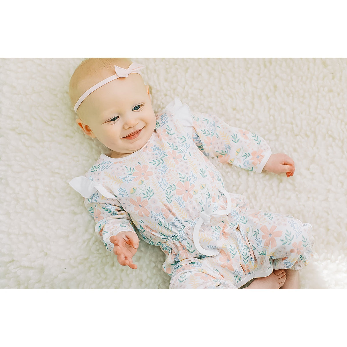 Waist-Tie Romper - Garden Kitty on White  100% Pima Cotton by Feather Baby - HoneyBug 