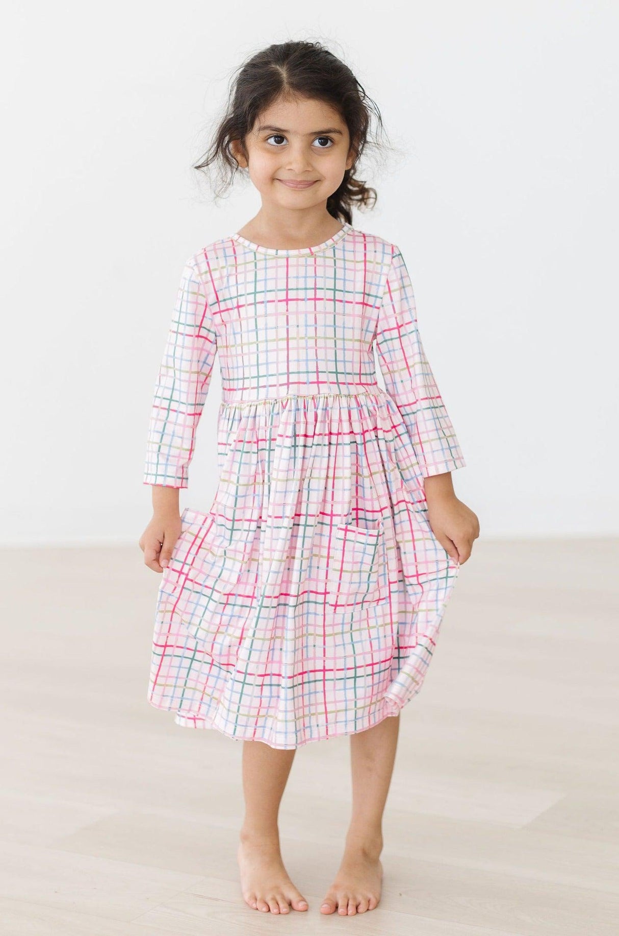 Pink Plaid 3/4 Sleeve Pocket Twirl Dress